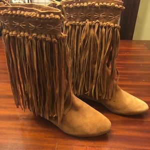 Carlos Falchi Tan Fringe Wedge Boots